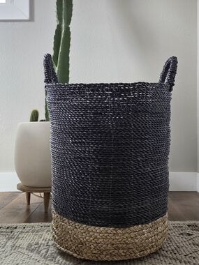 Large Woven Storage Basket Tall Black Natural Boho Hamper 20”